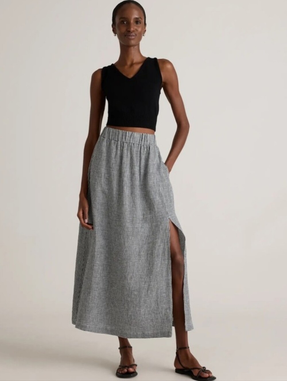 New Quince European Linen Gingham Plaid Pull On Side Slit A Line Maxi Skirt